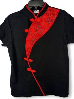 NWT Zensation Short-Sleeve Mandarin Collar Blouse with Red Embroidered Trim 2X